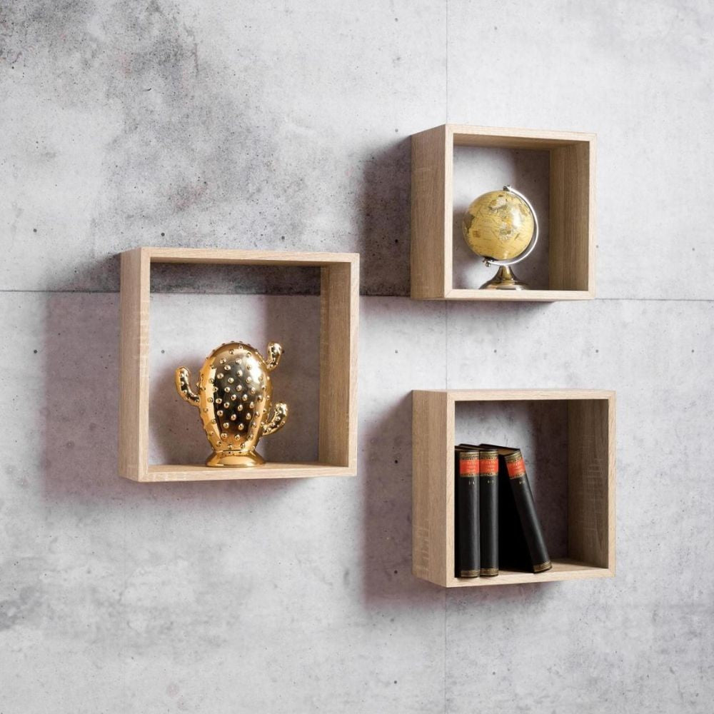 set 3 mensole da parete shelvy cub forma cubo colore sonoma, mensola a muro per libri, oggetti decorativi o piante