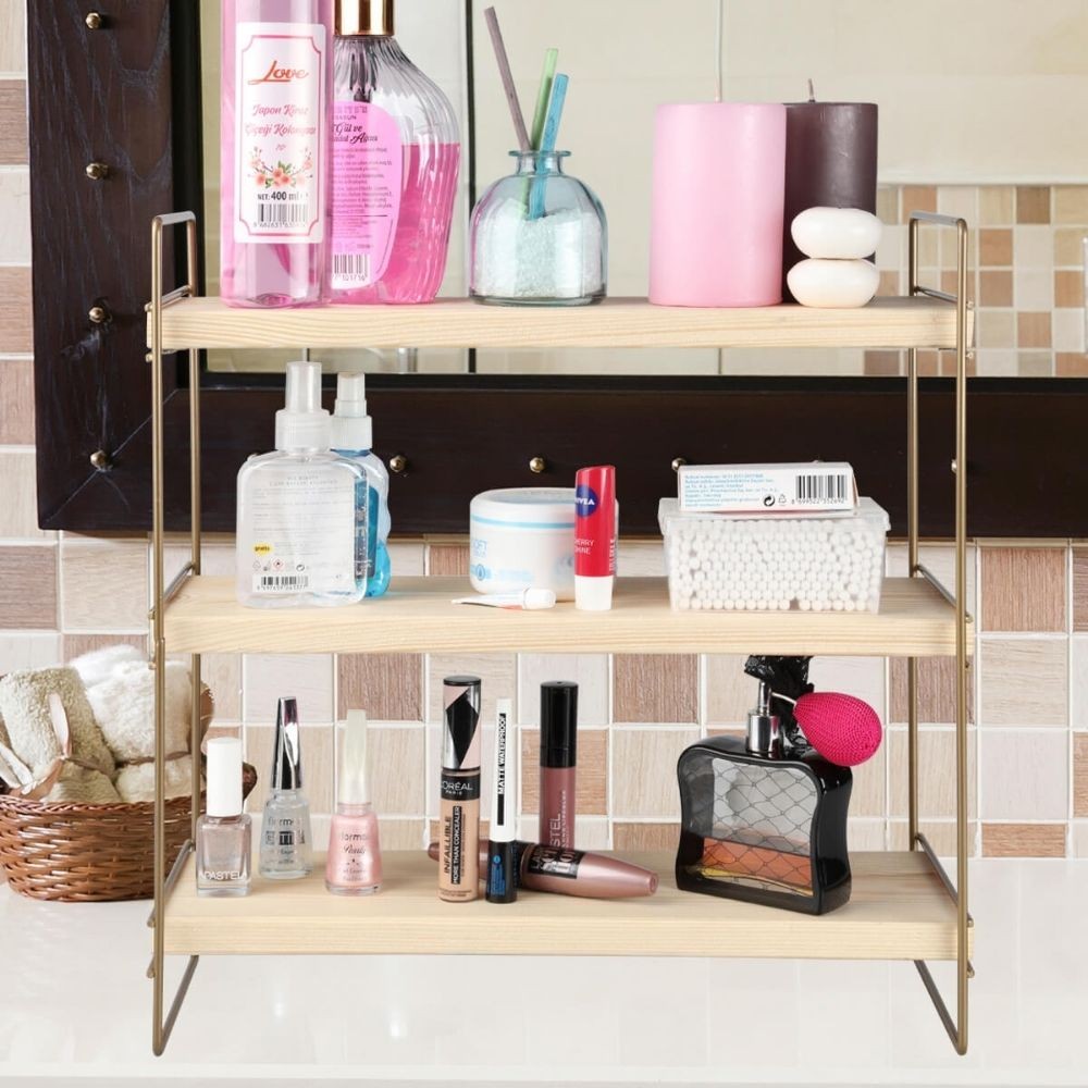 scaffale hobby 3 ripiani 40x13x40 bronzo asz1572, vista ambientata in soggiorno, cucina o bagno