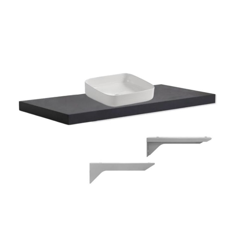 mensolone da bagno 120x47 con lavabo da appoggio colore antracite, dettaglio delle ante e finiture resistenti all’umidità