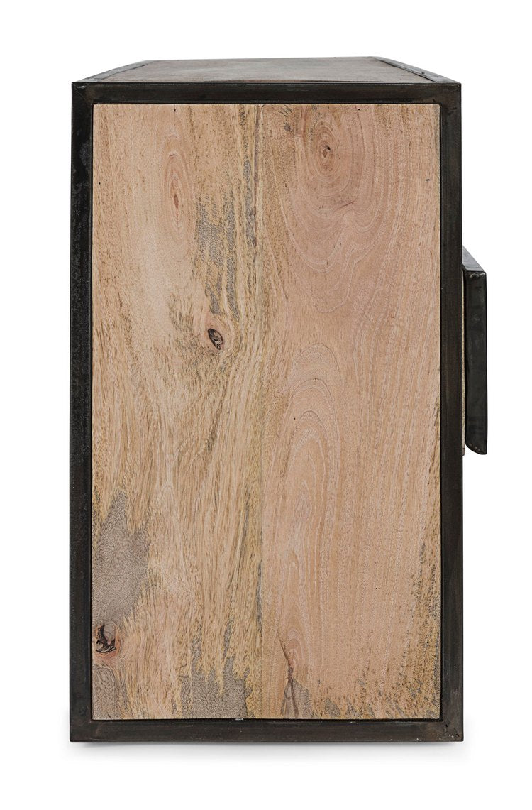 porta tv manchester in legno di mango e acciaio nero, 195x38x60 cm, supporto stabile per TV di grandi dimensioni