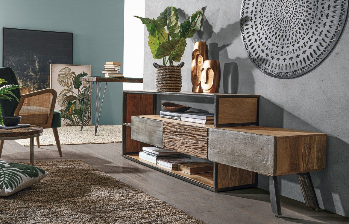 porta tv manchester in legno di mango e acciaio nero, 195x38x60 cm, disponibile in finiture opache o lucide