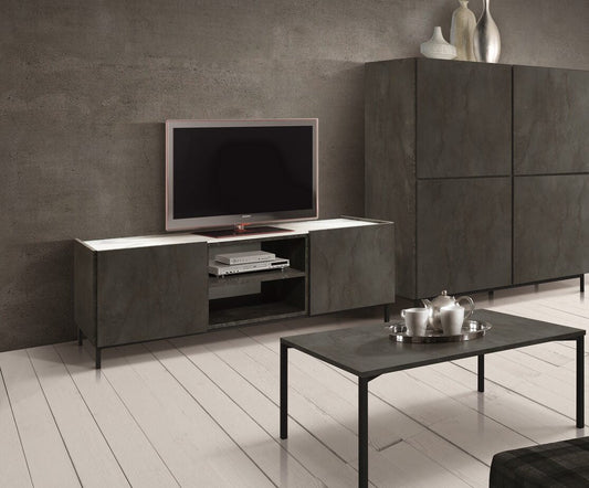 porta tv pietrasanta in legno, finitura in acciaio ossidato, piano effetto marmo statuario, 160×45 cm, mobile porta TV...