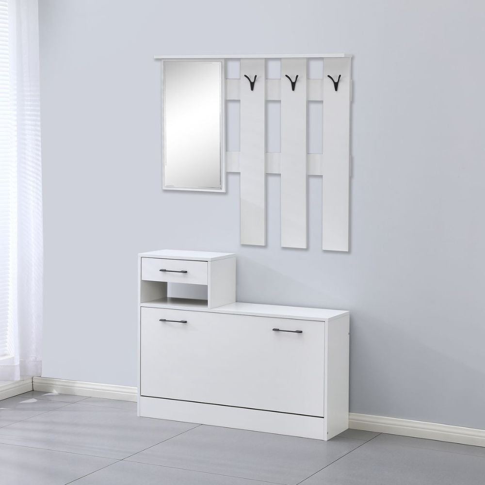 mobile ingresso rudolf xl con specchio e scarpiera colore bianco con maniglie nere, mobile ingresso con appendiabiti e specchio