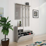 mobile ingresso rudolf con scarpiera colore beton e bianco, dettaglio dei ganci, mensole e cassetti portaoggetti