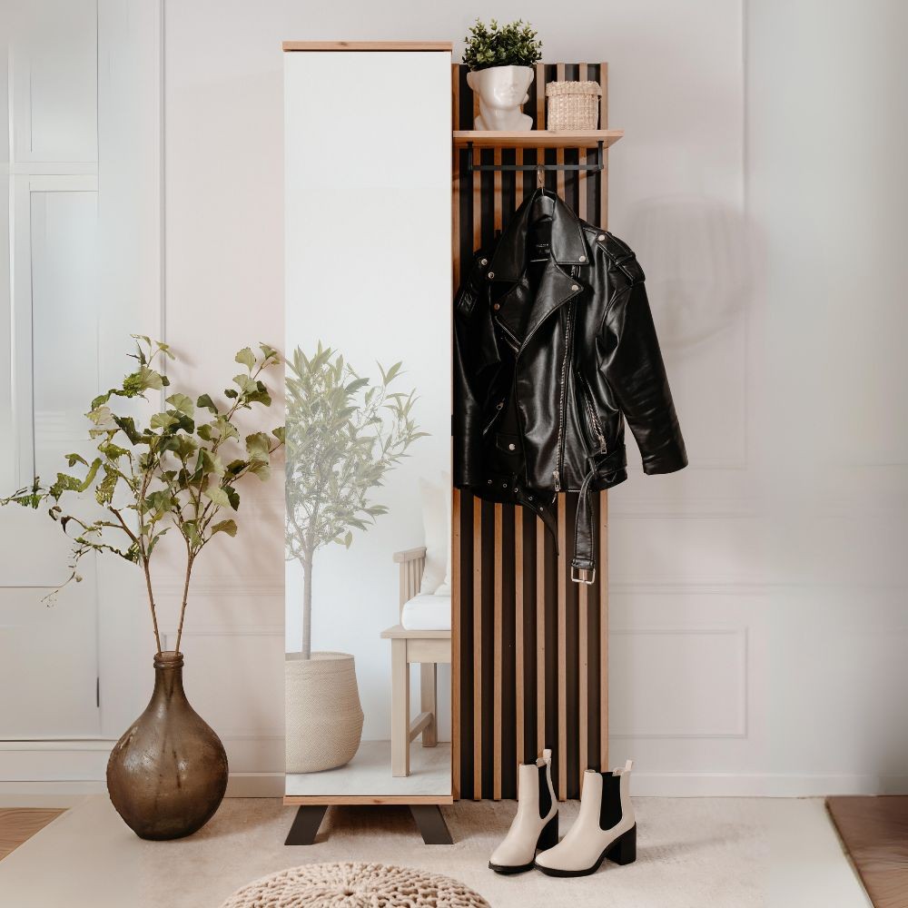 mobile ingresso medan 42a cannettato con specchio e 4 ripiani interni colore quercia e antracite, mobile ingresso con appendiabiti e specchio