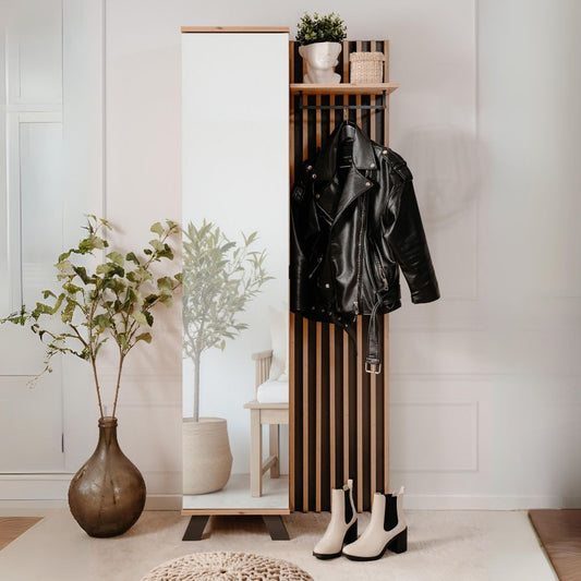 mobile ingresso medan 42a cannettato con specchio e 4 ripiani interni colore quercia e antracite, mobile ingresso con appendiabiti e specchio