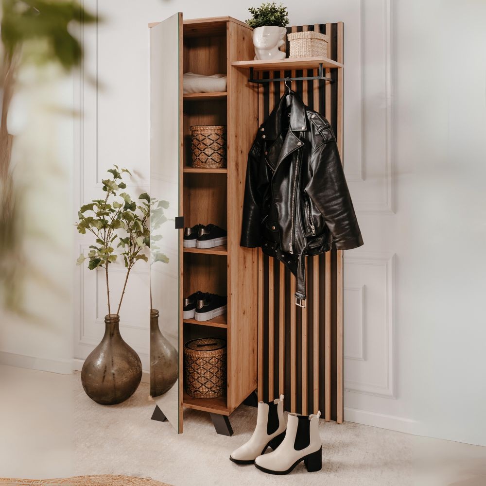 mobile ingresso medan 42a cannettato con specchio e 4 ripiani interni colore quercia e antracite, arredo funzionale per organizzare chiavi, scarpe e cappotti