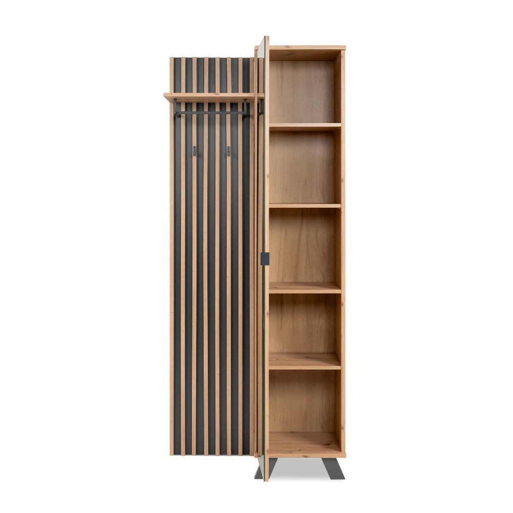 mobile ingresso medan 42a cannettato con specchio e 4 ripiani interni colore quercia e antracite, disponibile in finiture naturali o laccate