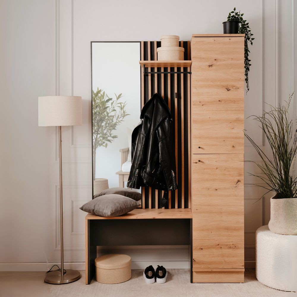 mobile ingresso medan 42b cannettato con 2 ante e panca colore quercia e antracite, mobile ingresso con appendiabiti e specchio