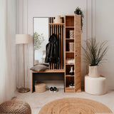 mobile ingresso medan 42b cannettato con 2 ante e panca colore quercia e antracite, dettaglio dei ganci, mensole e cassetti portaoggetti