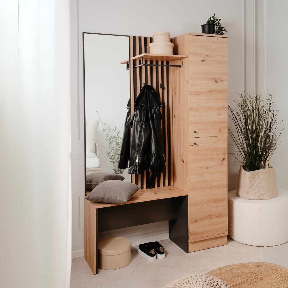 mobile ingresso medan 42b cannettato con 2 ante e panca colore quercia e antracite, perfetto per accogliere con stile all’ingresso di casa