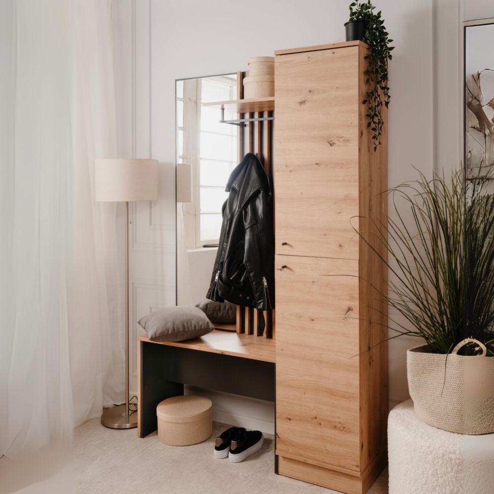 mobile ingresso medan 42b cannettato con 2 ante e panca colore quercia e antracite, vista ambientata con scarpiere e panche coordinate