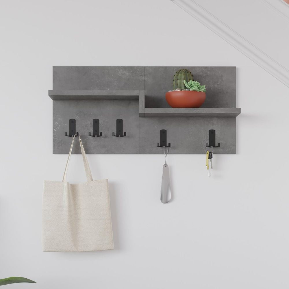 appendiabiti a muro harmon con mensole e 5 ganci colore retro grey, mobile ingresso con appendiabiti e specchio