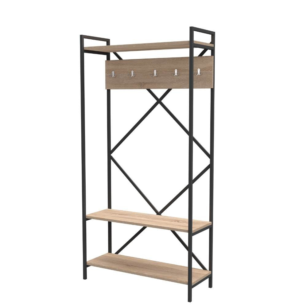 scaffale ingresso appendiabiti kety metallo antracite, dettaglio dei ganci, mensole e cassetti portaoggetti