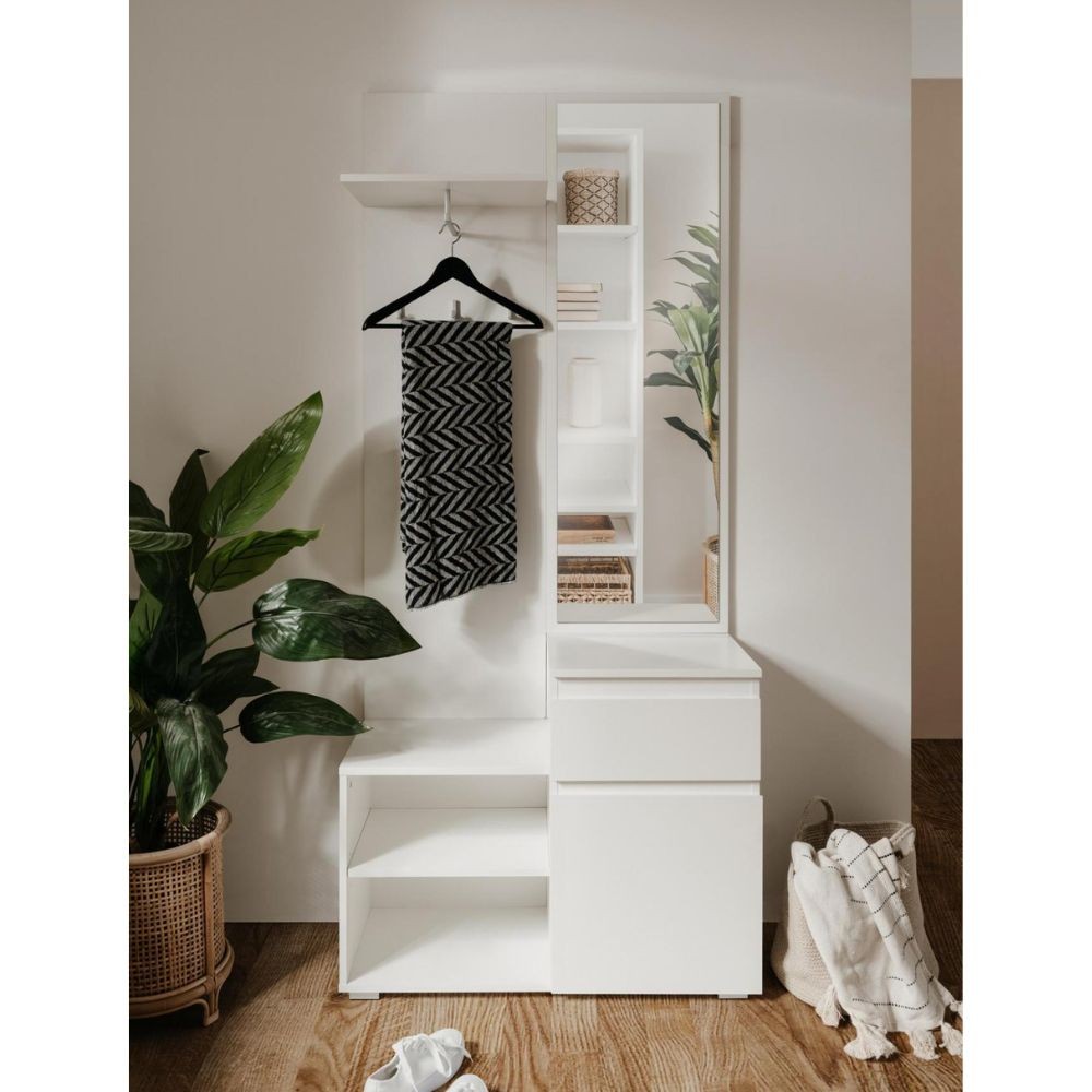 mobile ingresso image41b bianco con specchio, dettaglio dei ganci, mensole e cassetti portaoggetti