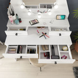 toeletta da trucco con specchio a luci a led con doppio ripiano e 4 cassetti bianco, vista ambientata in corridoio o zona servizio