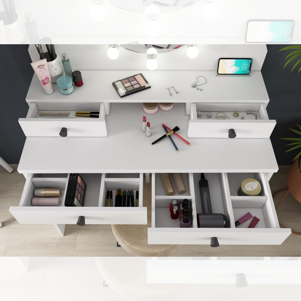 toeletta da trucco con specchio a luci a led con doppio ripiano e 4 cassetti bianco, ideale per tenere tutto in ordine anche negli spazi piccoli