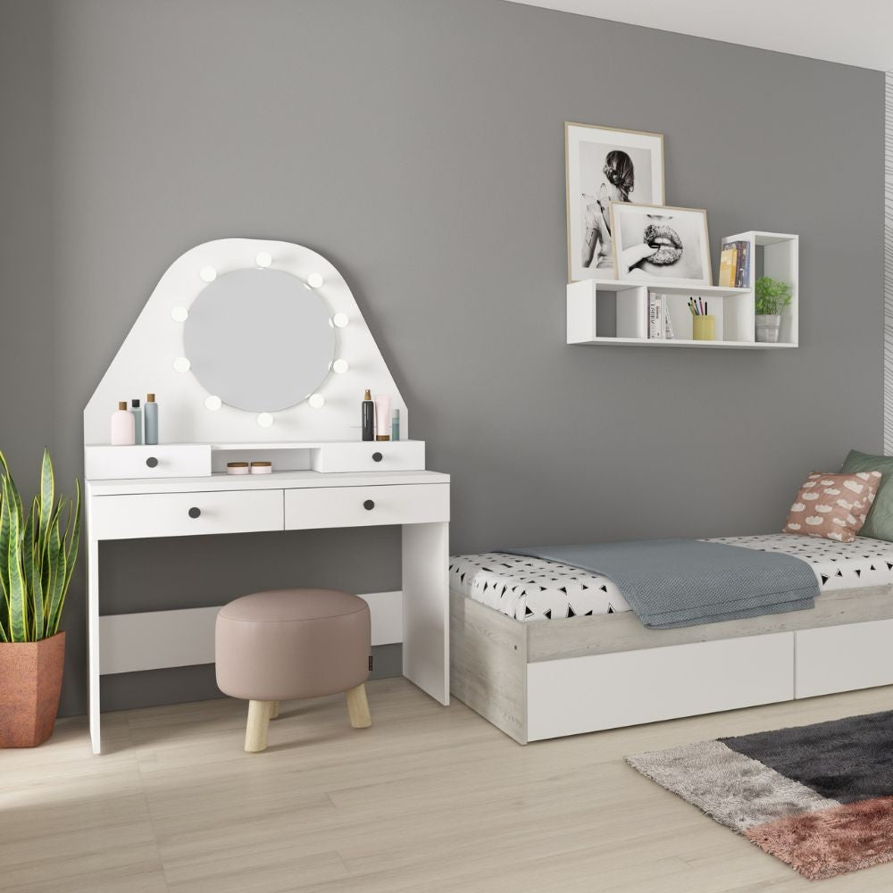 toeletta da trucco con specchio a luci a led con doppio ripiano e 4 cassetti bianco, finitura moderna e funzionale per ogni ambiente della casa