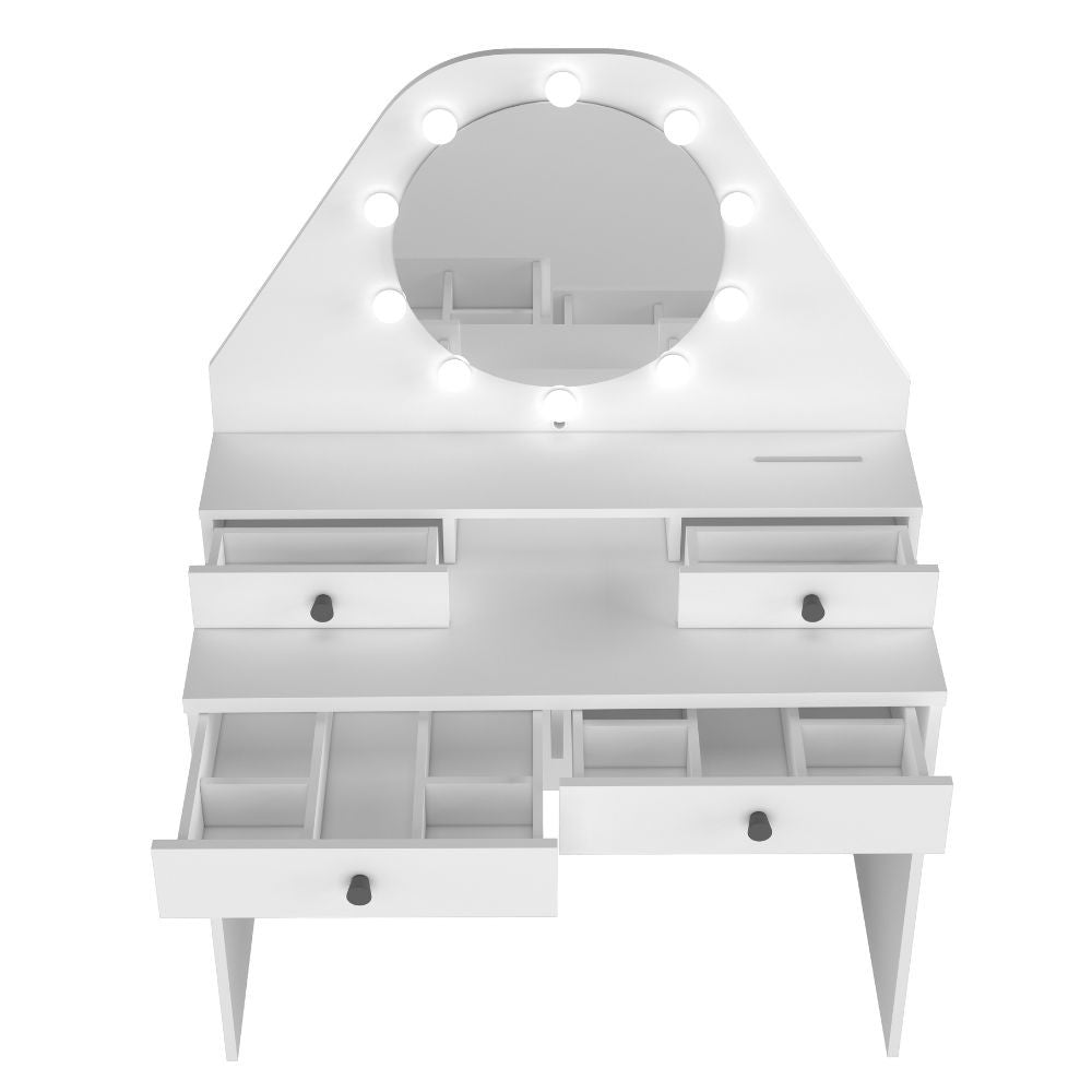 toeletta da trucco con specchio a luci a led con doppio ripiano e 4 cassetti bianco, design sottile per essere posizionato in nicchie o pareti strette