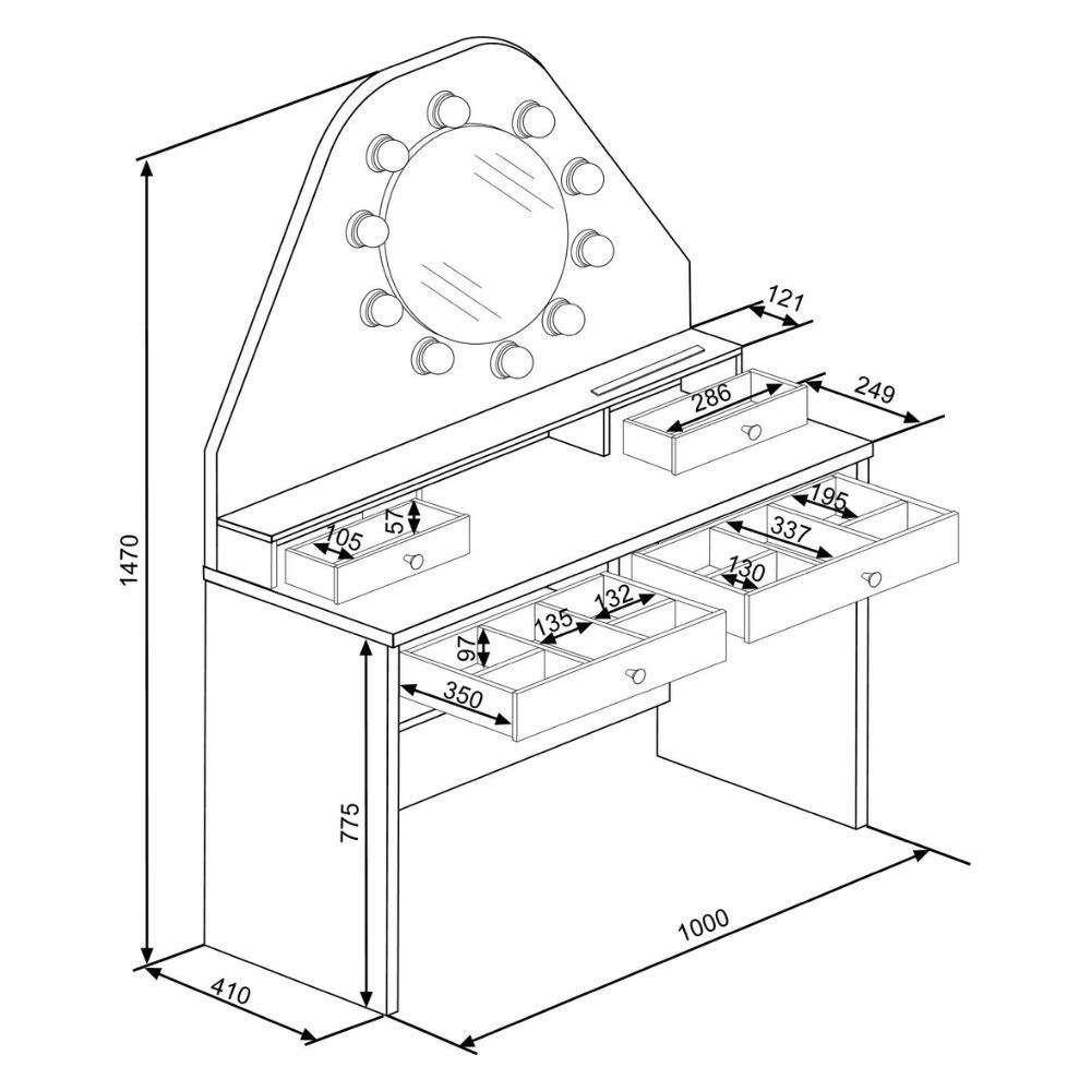 toeletta da trucco con specchio a luci a led con doppio ripiano e 4 cassetti bianco, ripiani regolabili per adattarsi a ogni esigenza