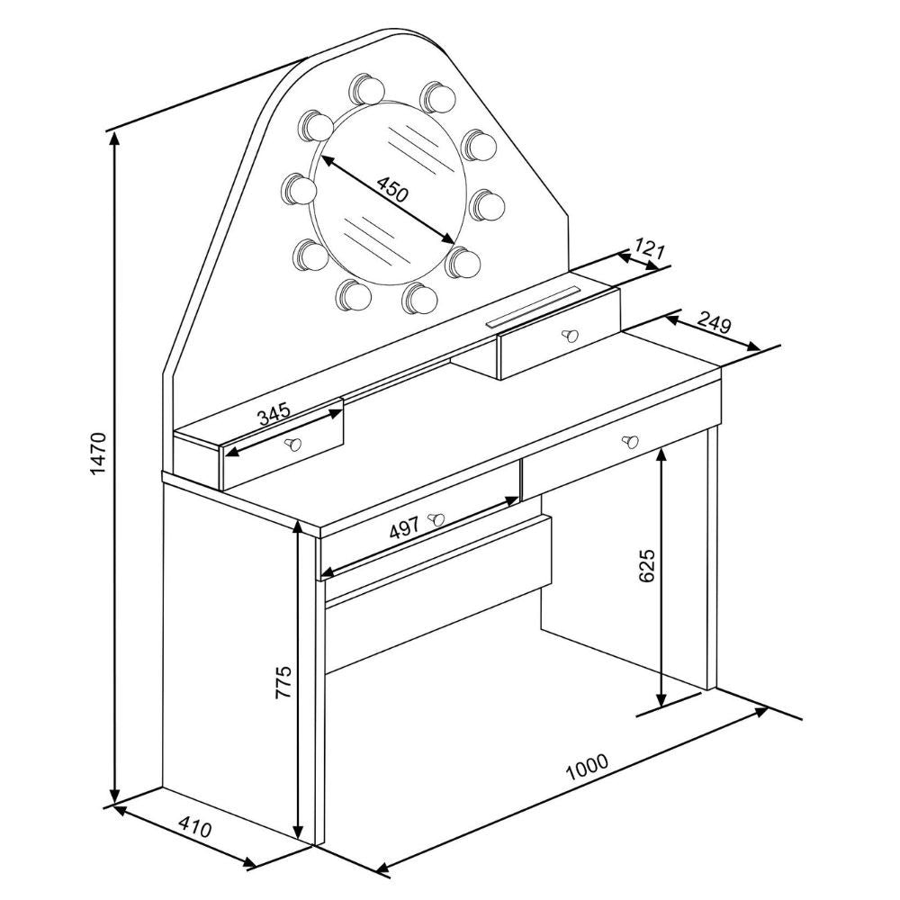 toeletta da trucco con specchio a luci a led con doppio ripiano e 4 cassetti bianco, ottima soluzione per spazi multifunzionali