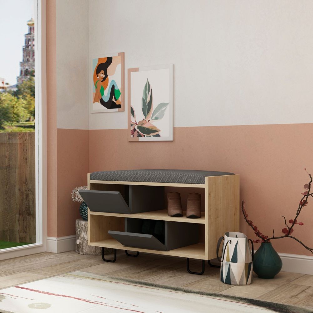 panca scarpiera troy struttura rovere e ante a ribalta antracite con cuscino, scarpiera salvaspazio con ante battenti o a ribalta