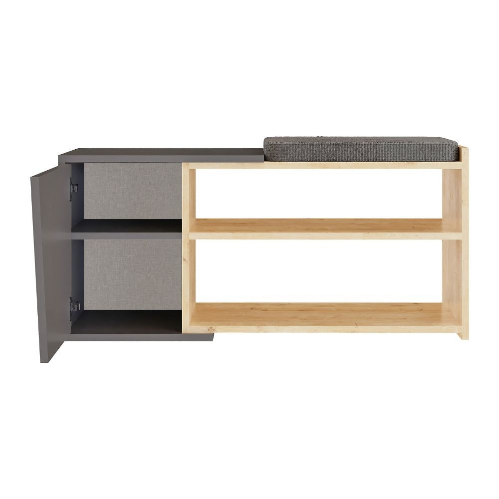 panca scarpiera fiona con struttura rovere e frontali antracite con cuscino, ideale per tenere tutto in ordine anche negli spazi piccoli