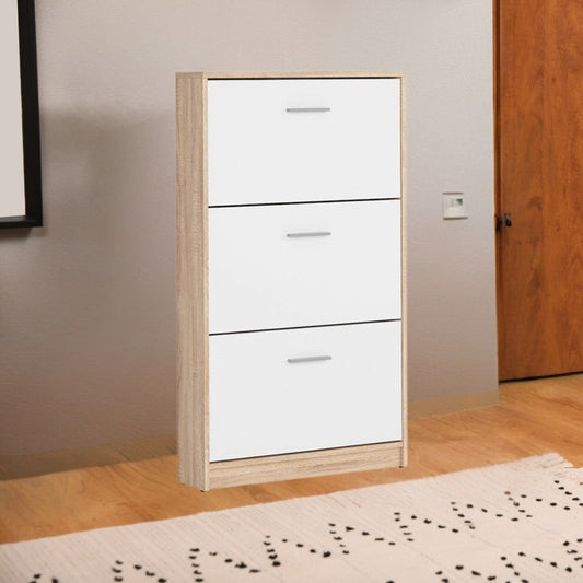 scarpiera nepo 3 scomparti colore struttura rovere e frontali bianchi, mobile multiuso compatto per lavanderia, cucina o ingresso