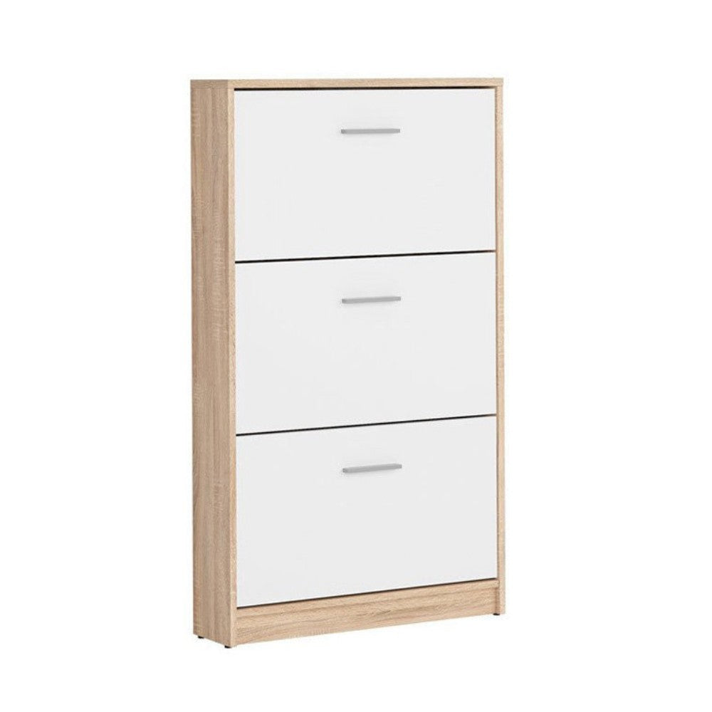 scarpiera nepo 3 scomparti colore struttura rovere e frontali bianchi, vista ambientata in corridoio o zona servizio