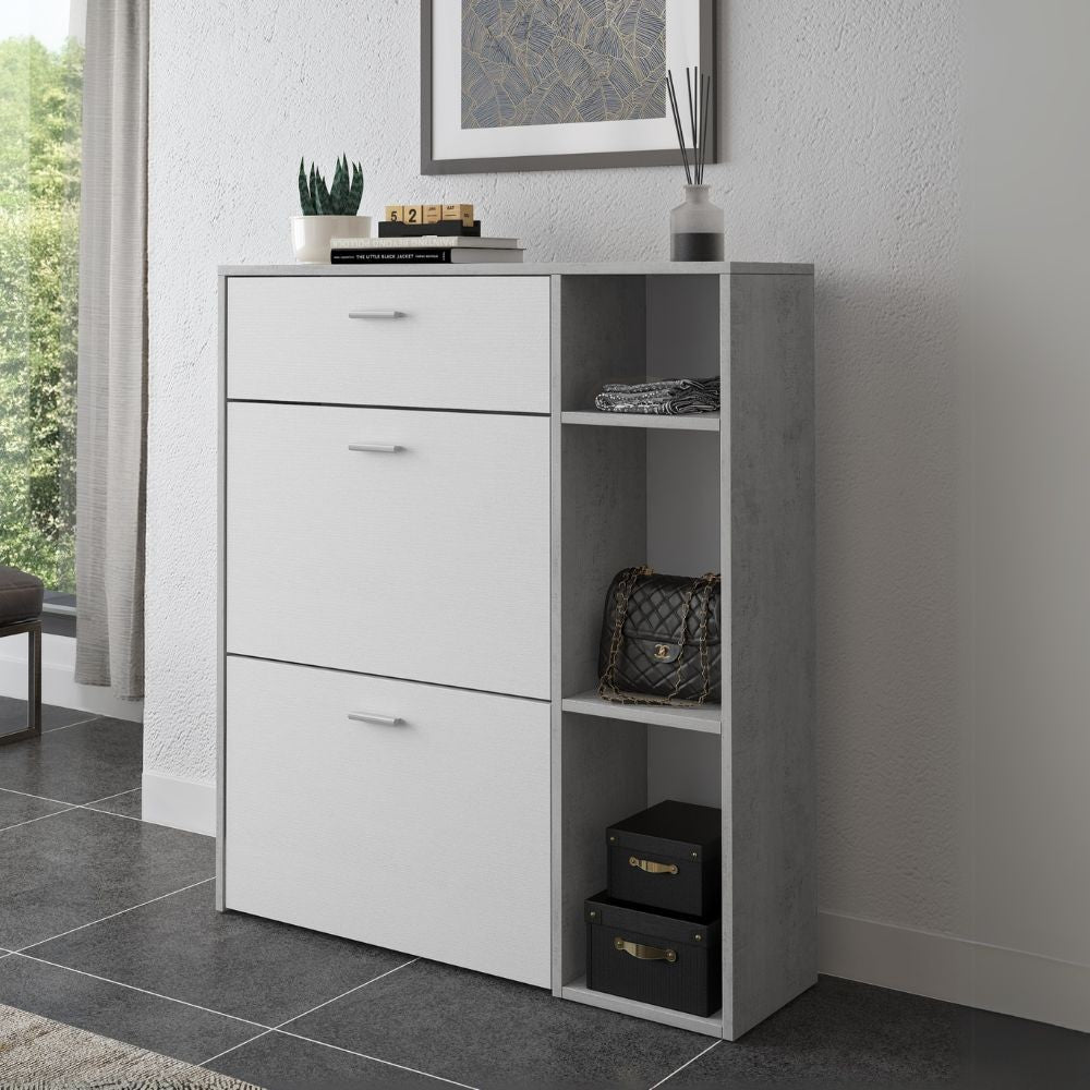 scarpiera takimi con 2 ante a ribalta 1 cassetto colore cemento e bianco, mobile multiuso compatto per lavanderia, cucina o ingresso