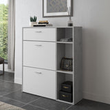 scarpiera takimi con 2 ante a ribalta 1 cassetto colore cemento e bianco, mobile multiuso compatto per lavanderia, cucina o ingresso