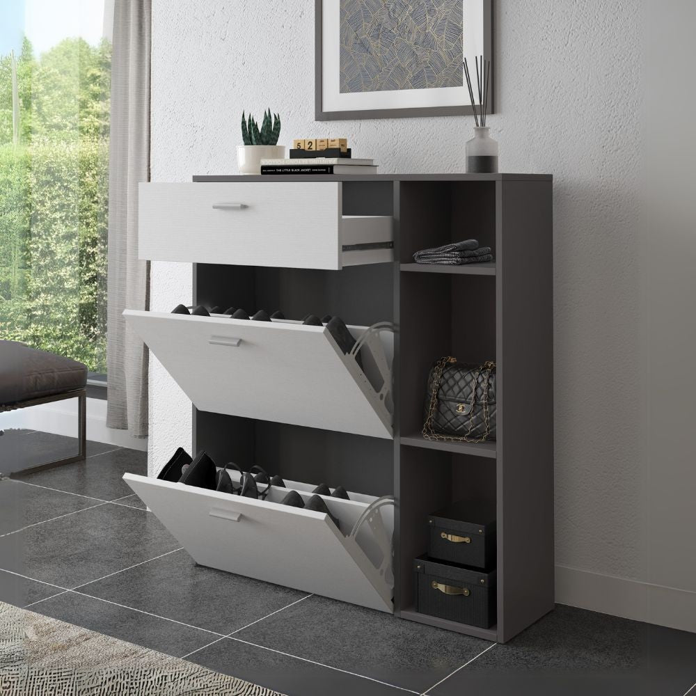 scarpiera takimi con 2 ante a ribalta 1 cassetto colore grafite e bianco, scarpiera salvaspazio con ante battenti o a ribalta