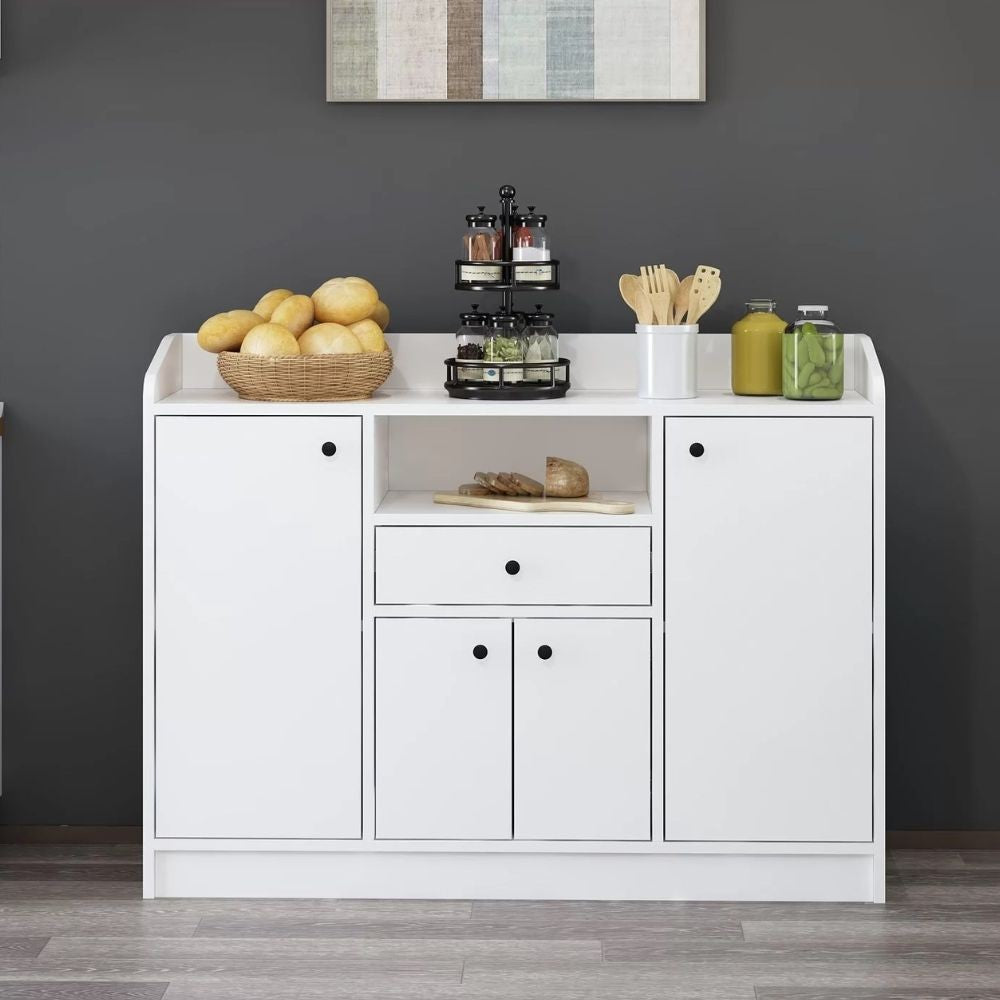 mobile multiuso arina con 4 ante 1 cassetto e nicchia a giorno colore bianco, mobile multiuso compatto per lavanderia, cucina o ingresso