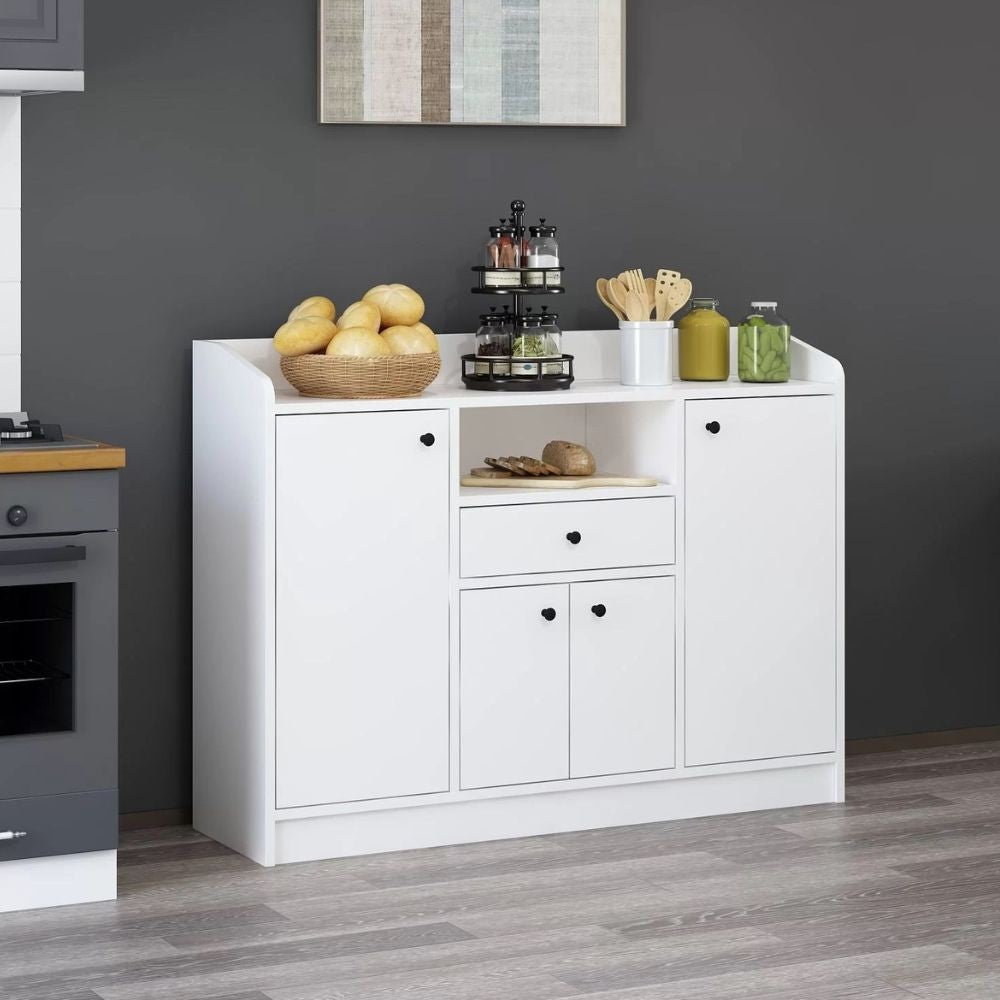 mobile multiuso arina con 4 ante 1 cassetto e nicchia a giorno colore bianco, vista ambientata in corridoio o zona servizio