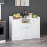 mobile multiuso arina con 4 ante 1 cassetto e nicchia a giorno colore bianco, vista ambientata in corridoio o zona servizio