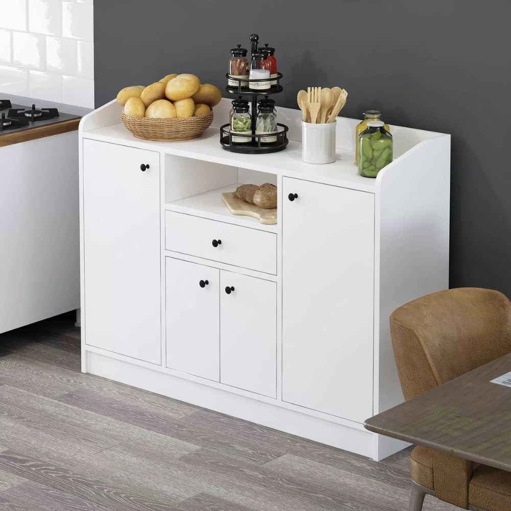 mobile multiuso arina con 4 ante 1 cassetto e nicchia a giorno colore bianco, ideale per tenere tutto in ordine anche negli spazi piccoli