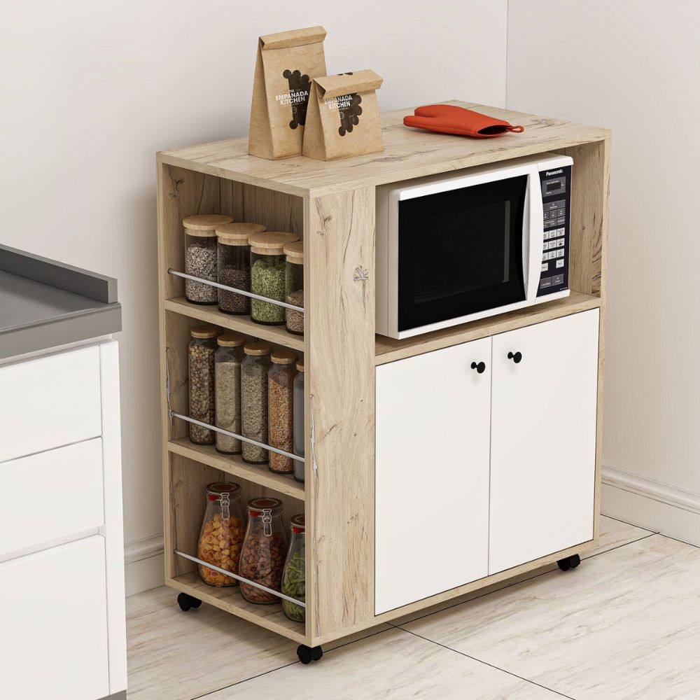 mobile multiuso monni struttura colore rovere con 2 ante colore bianche e vani laterali, ideale per tenere tutto in ordine anche negli spazi piccoli