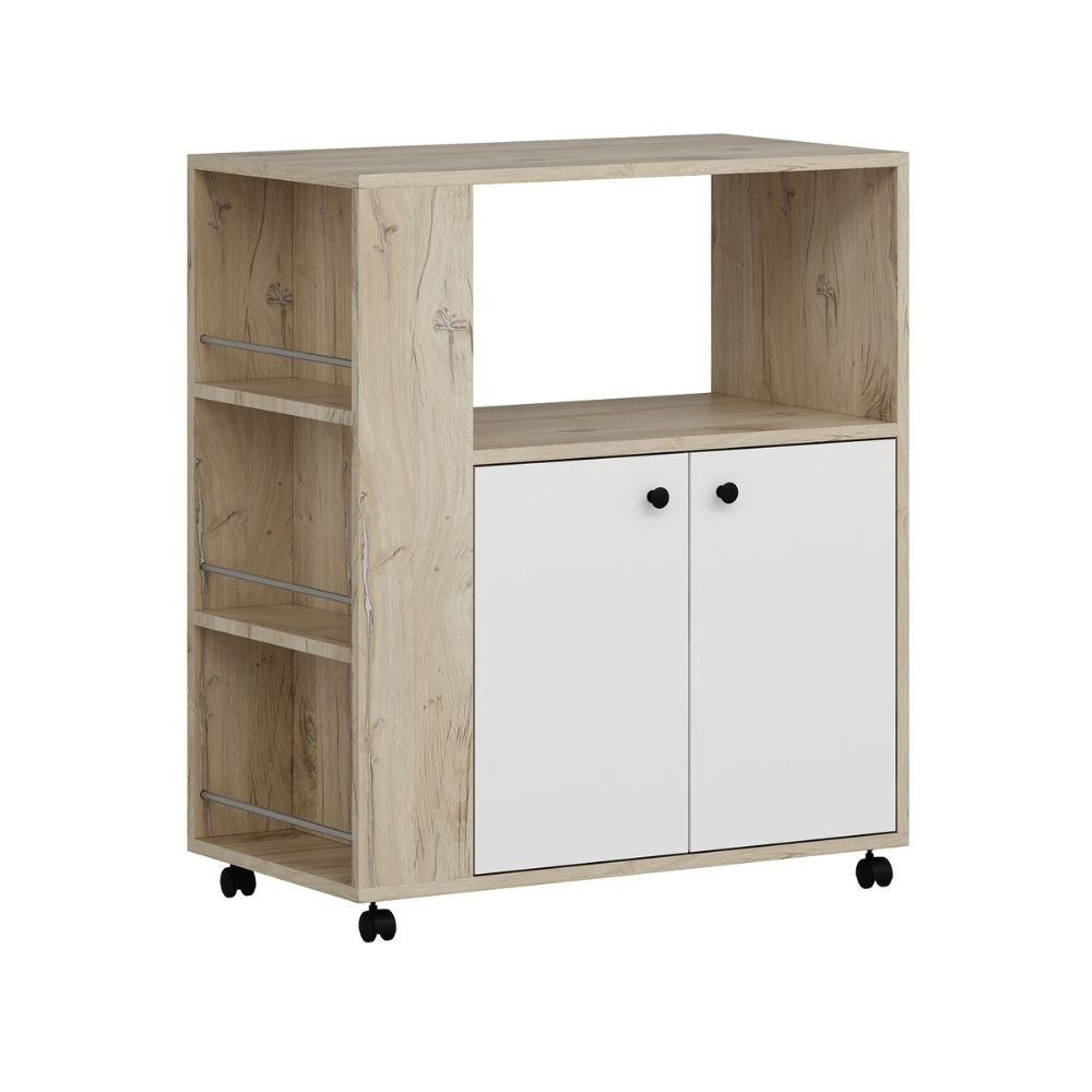 mobile multiuso monni struttura colore rovere con 2 ante colore bianche e vani laterali, finitura moderna e funzionale per ogni ambiente della casa