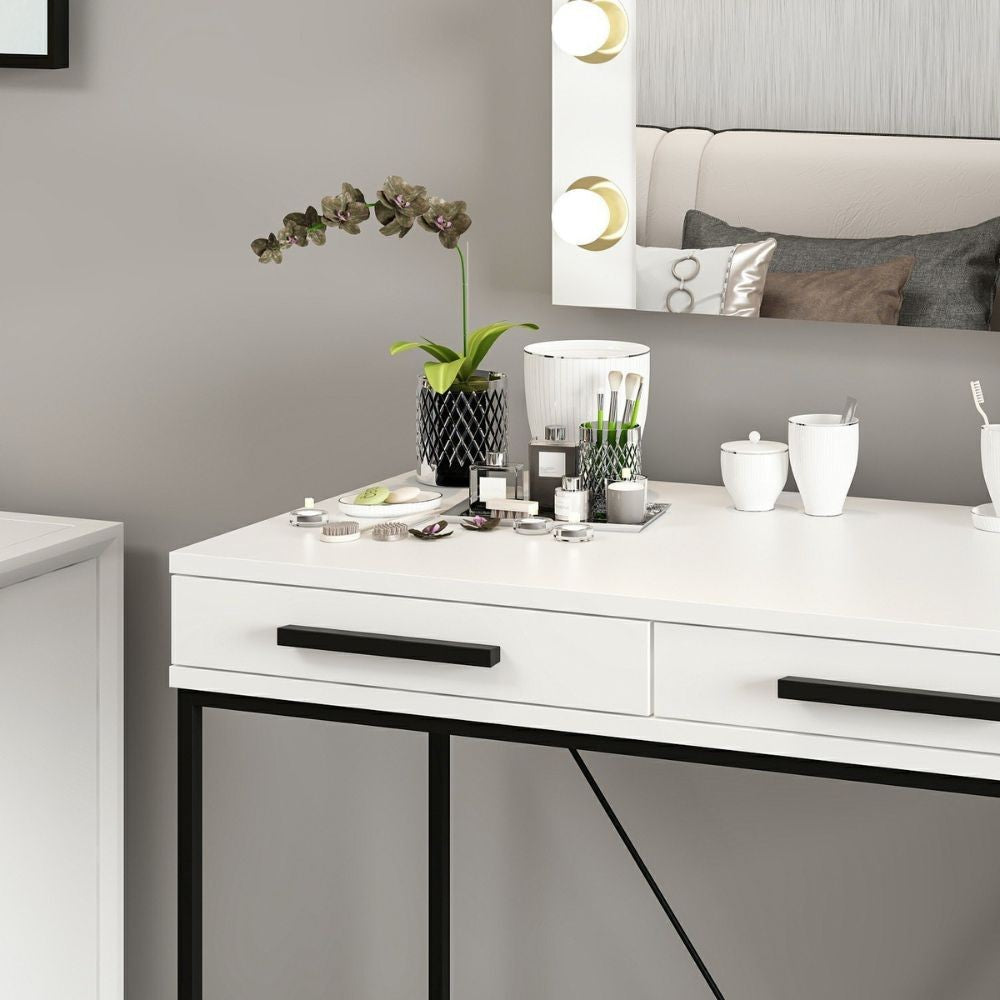 toeletta da trucco sane con 2 cassetti bianco con piedi neri e specchio con luci led lampadine escluse, ideale per tenere tutto in ordine anche negli spazi piccoli