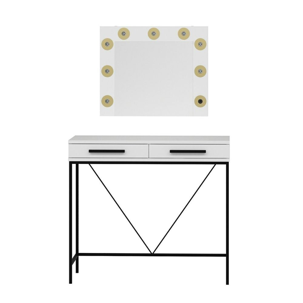 toeletta da trucco sane con 2 cassetti bianco con piedi neri e specchio con luci led lampadine escluse, finitura moderna e funzionale per ogni ambiente della casa