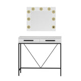 toeletta da trucco sane con 2 cassetti bianco con piedi neri e specchio con luci led lampadine escluse, finitura moderna e funzionale per ogni ambiente della casa