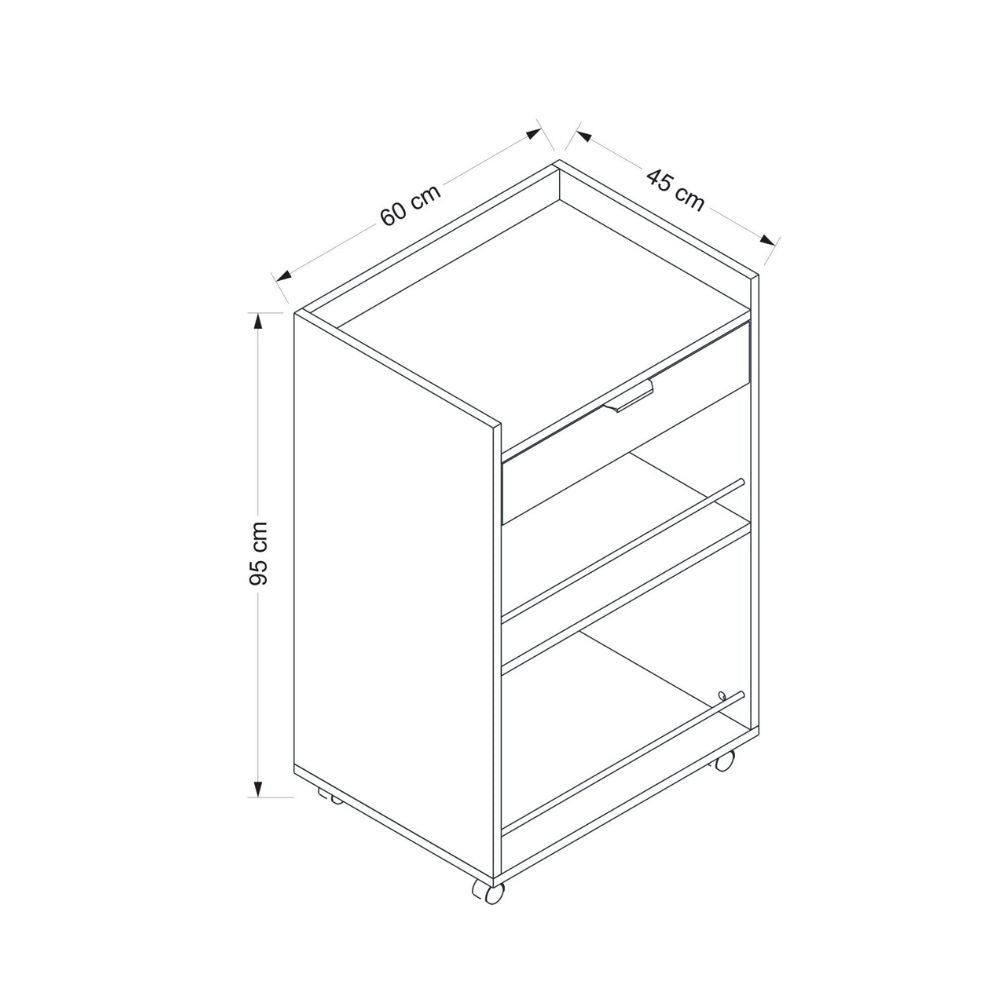 mobile multiuso liana con 2 nicchie a giorno e un cassetto colore bianco con rotelle, mobile salvaspazio ideale per case moderne e organizzate