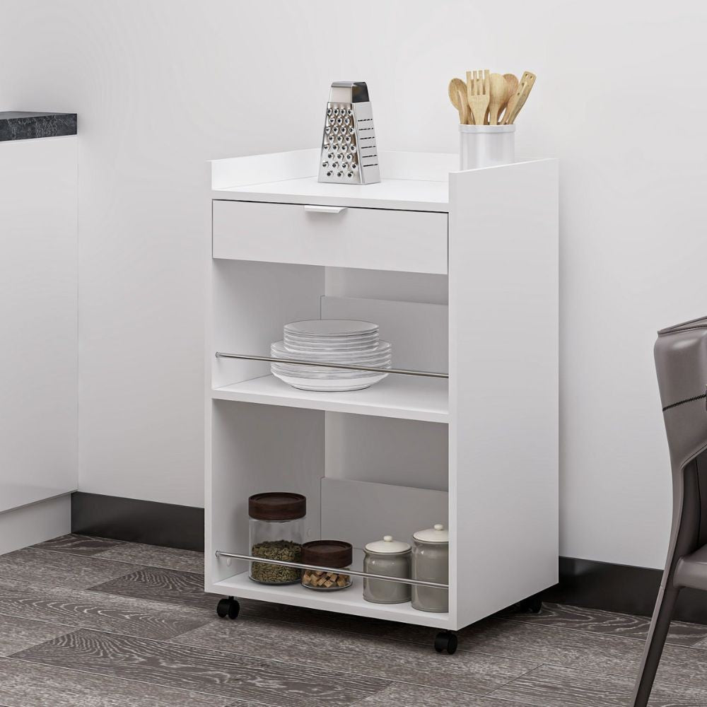 mobile multiuso liana con 2 nicchie a giorno e un cassetto colore bianco con rotelle, scarpiera salvaspazio con ante battenti o a ribalta