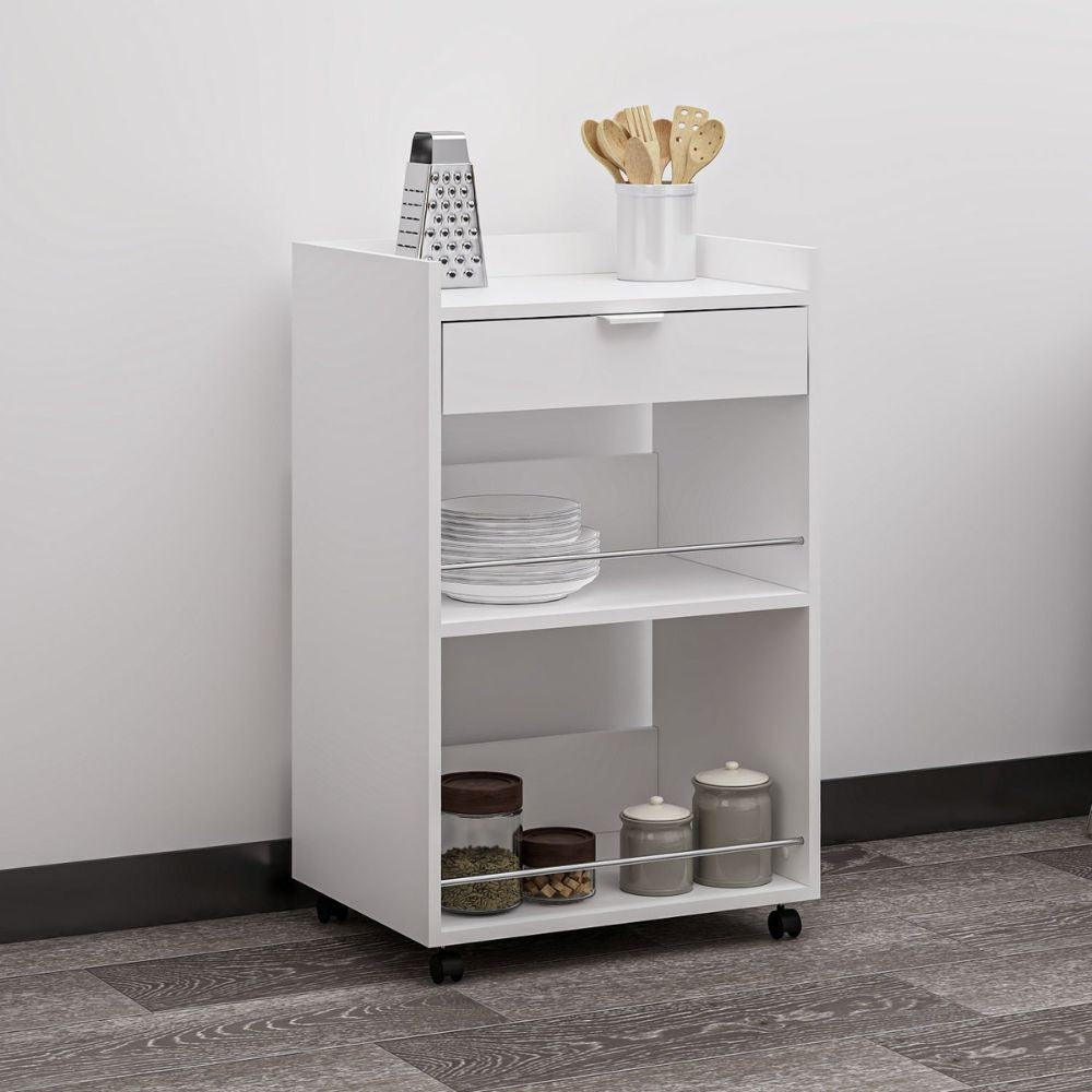 mobile multiuso liana con 2 nicchie a giorno e un cassetto colore bianco con rotelle, vista ambientata in corridoio o zona servizio