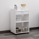 mobile multiuso liana con 2 nicchie a giorno e un cassetto colore bianco con rotelle, vista ambientata in corridoio o zona servizio