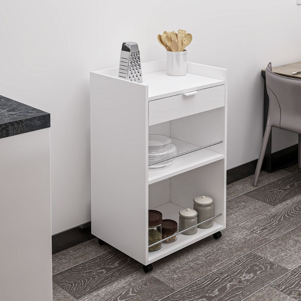 mobile multiuso liana con 2 nicchie a giorno e un cassetto colore bianco con rotelle, ideale per tenere tutto in ordine anche negli spazi piccoli