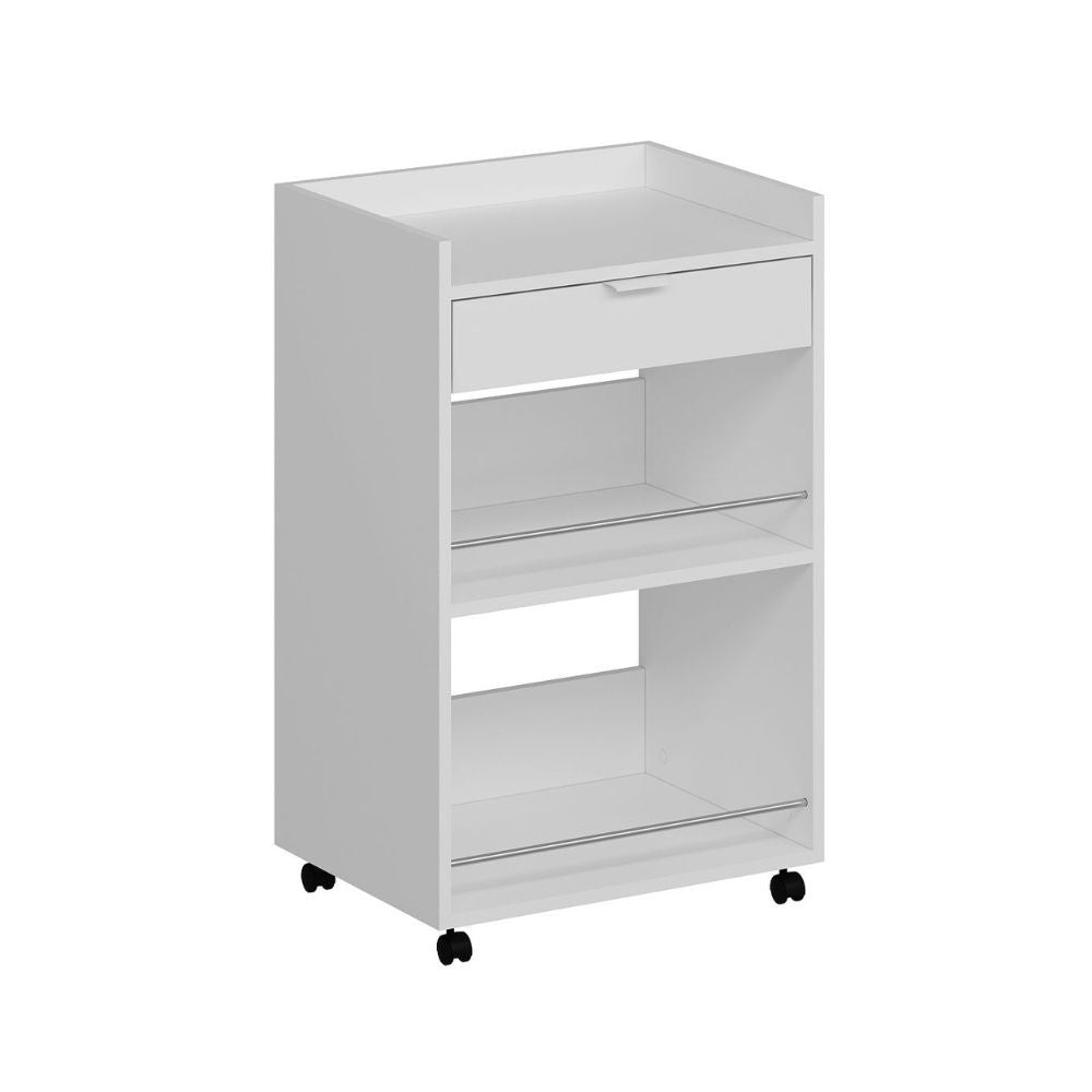 mobile multiuso liana con 2 nicchie a giorno e un cassetto colore bianco con rotelle, design sottile per essere posizionato in nicchie o pareti strette