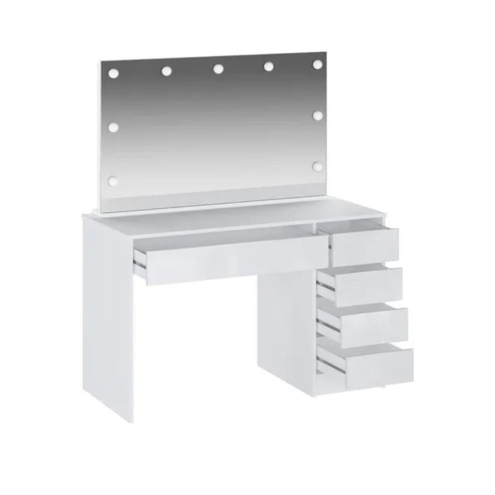 toeletta elite 5 cassetti con specchio con lampadine led colore bianco, scarpiera salvaspazio con ante battenti o a ribalta