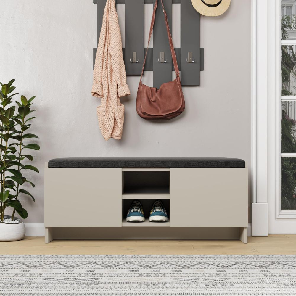 panca scarpiera con cuscino zulla cashmere con 2 ante e nicchia a giorno, scarpiera salvaspazio con ante battenti o a ribalta