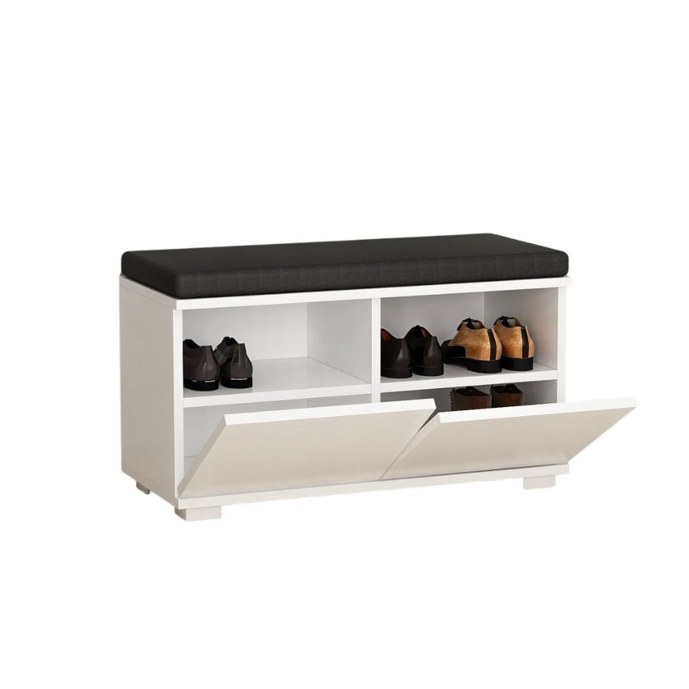 scarpiera con pouff dragoshoe bianco nero, vista ambientata in corridoio o zona servizio